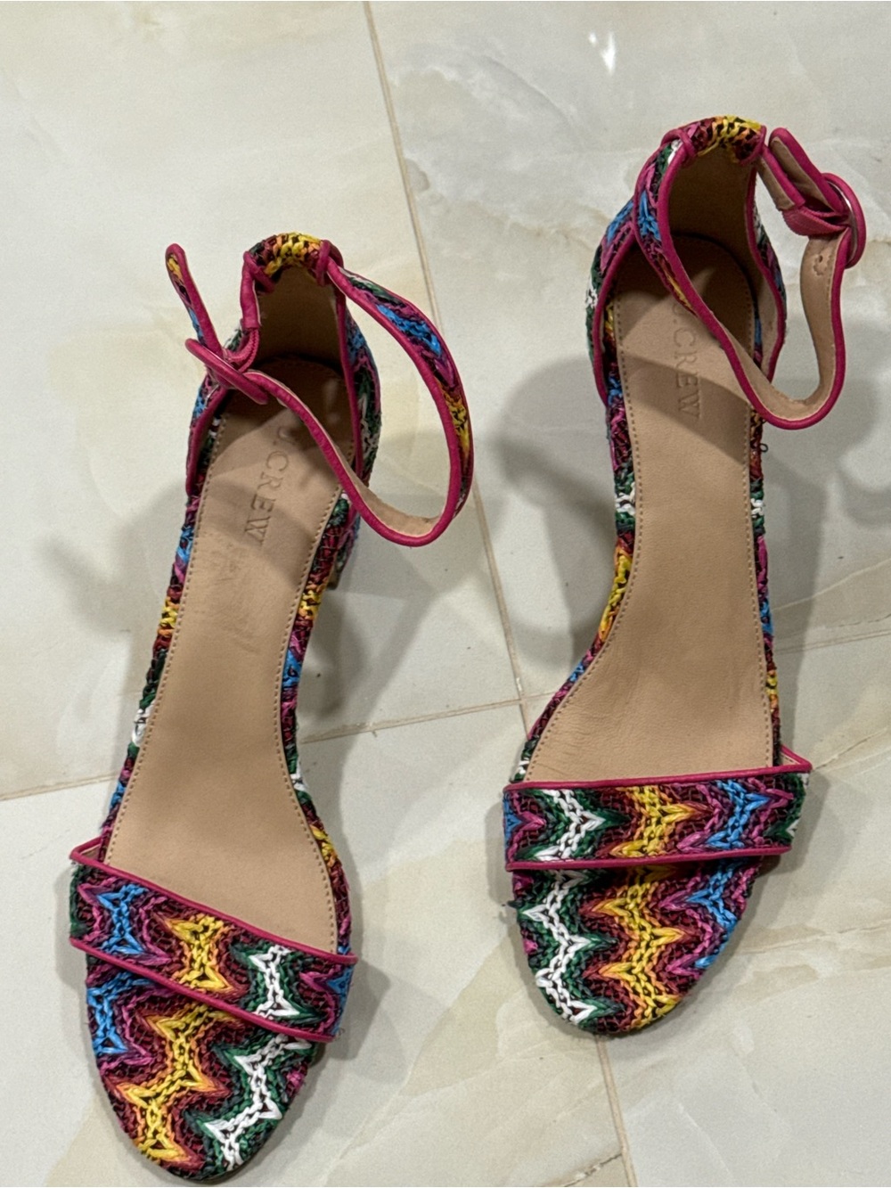J. Crew Multicolor Woven Ankle-Strap Heels with Pink Trim